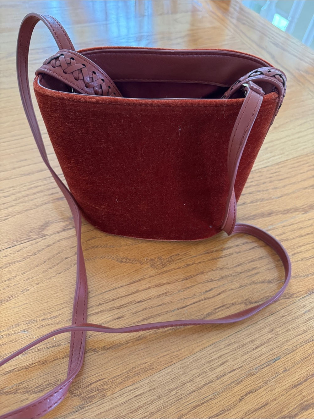 Bucket Shoulder Bag in Burgundy with Braided Handles